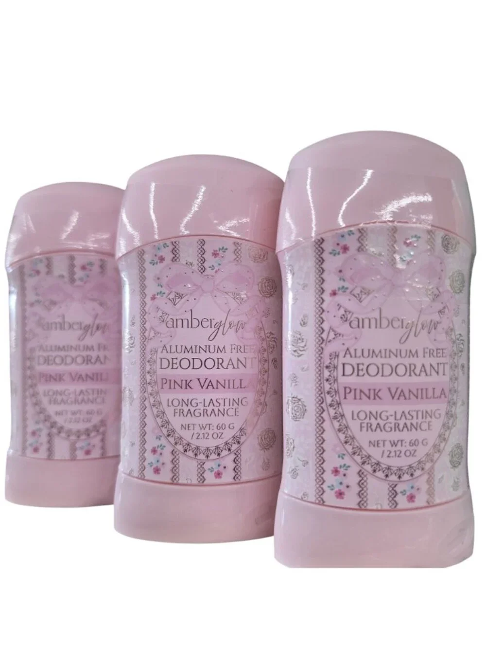 Amberglow Aluminum-Free Deodorant Pink Vanilla 60g Long Lasting Fragrance set 3